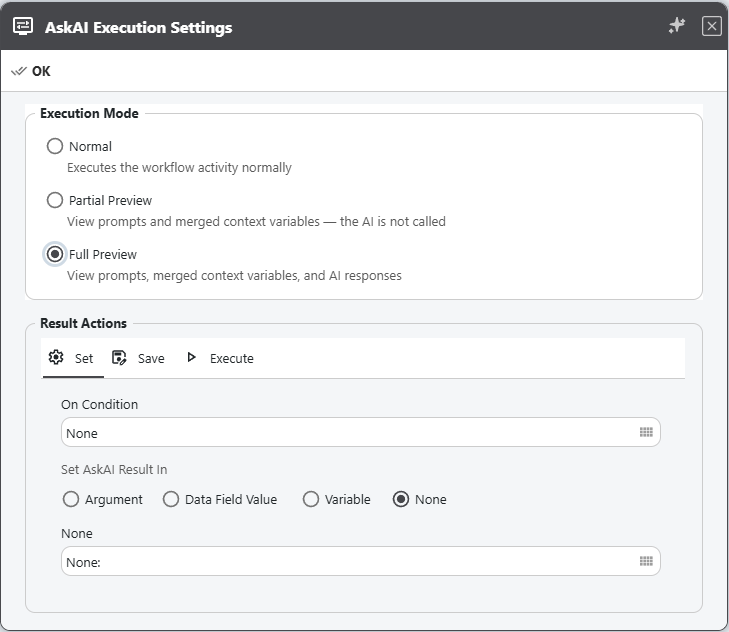 AskAI Execution Settings — choosing between Normal, Partial Preview, and Full Preview execution modes